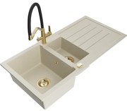 Mexen Andres chiuvetă de granit 1,5-bazin cu scurgător și baterie de bucătărie Duo, bej - 6515-69-671701-57-G