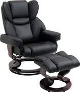 HOMCOM Fotoliu Relaxant si Puf, Reclinabil la 145° cu Scaun Rotativ din Piele Ecologica, Negru | Aosom Romania