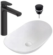 Pachet lavoar pe blat Rea Royal alb 62.5 cm, baterie lavoar Hansgrohe Vernis Blend 190 negru si ventil lavoar Click-Clack negru