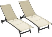 Outsunny Set de 2 șezlonguri din aluminiu și textilenă cu roți, spătar reglabil, sarcină max. 150 kg kaki | Aosom Romania