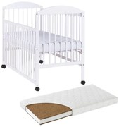 Patut din lemn masiv 120x60 cm Kidizi Orella alb cu laterala culisanta, roti si saltea cocos LUX 120x60x9 cm, reglabil pe 3 nivele, certificat EN71