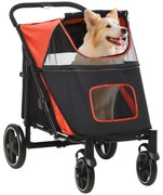 PawHut Cărucior Pliabil pentru Câini cu 4 Roți, Intrări cu Fermoar și Ferestre din Plasă, 112x65x100 cm, Roșu | Aosom Romania