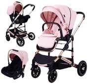 Carucior 3 in 1 reversibil si pliabil cu geanta inclusa si scoica auto, 0-36 luni, Roz - CPC-60-roz
