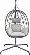 Fotoliu leagan suspendat, cos pliabil, perne moi, rezistent la UV, împletitură PE ratan, structură metalică, pentru interior și exterior, Gri