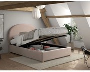 Set MOON: pat tapițat 140 x 200 cm roz cu țesătură bouclé și spațiu de depozitare + taburet roz multifuncțional – Vipack