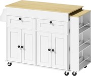 HOMCOM insulă centrală de bucătărie cu blat extensibil, servanta de bucătărie pe roți cu 2 sertare, 4 uși, alb | Aosom Romania