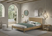 Pat dublu OLIVE, 160 x 200 cm, cu tăblie din lemn cu aspect de stejar și detalii din sfoară împletită, design modern, fără somieră inclusă, cu