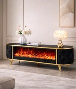 Șemineu electric cu efect LED realist cu 12 culori, Comodă TV cu design oval, control vocal și telecomandă, fără încălzire, 180 cm, Negru