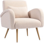 HOMCOM Fotoliu pentru Sufragerie Captusit, Fotoliu de Cameră în Material Teddy cu Pernă Lombardă, Fotoliu de Lectură cu Picioare cu Efect de Lemn din Metal pentru Sufragerie și Birou, 77x77x83 cm, Bej | Aosom Romania