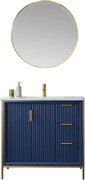 Set mobilier baie, dulap lemn 2 usi cu lavoar, blat granit + oglinda rama aluminiu, cairo 91.4x55.8x86 cm, albastru/auriu/alb