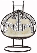 Fotoliu leagan dublu, suspendat, cu perne moi, rezistente la UV, împletitură tip răchită, structură metalică, pentru interior și exterior, Maro/Crem