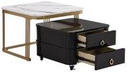 Set de 2 Măsuțe de Cafea Suprapozabile cu Blat din Marmură Lucioasă și Sticlă, Structură din Metal și Sertare, 60x60x42 cm + 50x50x34 cm, Negru