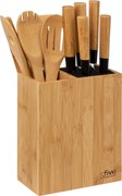 Set de accesorii de bucătărie într-un suport din bambus: 6 cuțite și 5 ustensile