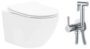 Pachet vas wc suspendat Rea Carlo Mini Basic, capac softclose si set dus igiena intima crom cu baterie incastrata Invena Bidetta