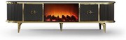 Comoda TV cu șemineu electric și riflaje, boxe Bluethooth, telecomandă, Negru/Auriu, 180x40x50cm