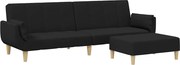vidaXL Canapea extensibilă cu taburet, 2 locuri, negru, textil