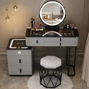 Set MIRANDA, Masă de toaletă pentru machiaj cu oglindă iluminată LED, control touch, comoda, scaun, Difuzor Bluetooth, zona încărcare fără fir, port de încărcare USB, Gri