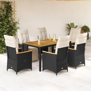 vidaXL Set bistro de grădină, 7 piese, cu perne, negru, poliratan