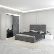 Set Mobila De Dormitor Eric Gri, Usa Tapitata, pat tapitat 160x200cm,  dulap cu oglinda 150x210cm, noptiere