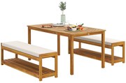 Outsunny Set de mobilier de grădină 3 buc., Set de scaune cu 1 masă cu orificiu pentru umbrelă, 2 bănci 150 x 85 x 75 cm Teak | Aosom Romania