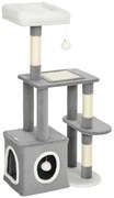PawHut Ansamblu de joacă zgârietoare pentru pisici cu căsuță, pat și 2 mingi, din lemn și pluș, 55x40x107 cm, gri și alb | Aosom Romania