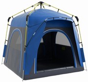 Outsunny Cort camping familial 4 persoane, montare pop-up rapidă, ușor, ventilat, 4 ferestre anti-soare, 2,4x2,4x1,99 m, gri/albastru | Aosom Romania