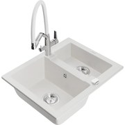 Mexen Carlos chiuvetă de granit cu 1,5 compartiment și baterie de bucătărie Duo, Albă - 6518-20-671701-02