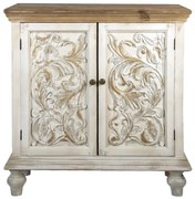 Comodă shabby chic din lemn, alb antichizat, cu detalii sculptate manual, „Fleur de Lys”