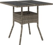 vidaXL Masă de grădină cu blat din sticlă, gri, 80x80x75 cm, poliratan