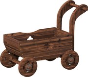Outsunny Strat Înălțat pentru Grădină în Formă de Cărucior cu 4 Roți și Mâner, Ghiveci din Lemn de Molid cu Găuri de Drenaj, pentru Balcon, Terasă, 68x38x52 cm, Finisaj Carbonizat | Aosom Romania