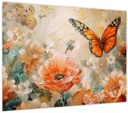 Tablou pe sticlă - Fluture și flori, pictură în ulei (70x50 cm)