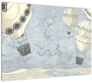 Tablou pe sticlă - Baloane deasupra orașului, nuanțe reci (70x50 cm)