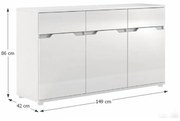 Comoda moderna , usi mdf alb superlucios , usi cu maner frezat, 149 cm lungime, Bortis