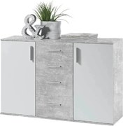 Comoda POPPY 5, alb/gri ciment, PAL melaminat, 120x35x82 cm