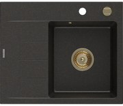 Mexen Ben chiuvetă de granit cu 1 cuvă și picurător dreapta 600 x 500 mm, negru/auriu metalizat, sifon auriu - 6523605000-75-G