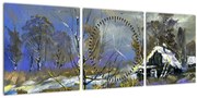Tablou -Cabane într-un peisaj de iarnă, pictură în ulei (cu ceas) (90x30 cm)