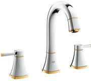 Baterie chiuveta baie Grohe Grandera, dubla comanda, cu 3 gauri, H18 cm, manere aurii