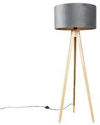 Lampă de podea din lemn cu abajur din stofă gri 50 cm - Tripod Classic