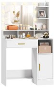 HOMCOM Coafură cu oglindă și 10 lumini LED, luminozitate reglabilă, sertar, dulap și rafturi deschise, 80x40x135cm, alb | Aosom Romania