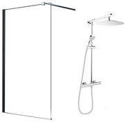 Pachet paravan dus Walk-In Fluminia Black crom 100x200 cm si coloana de dus FDesign Anima crom