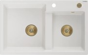 Mexen Tomas chiuvetă de granit cu 2 compartimente 800 x 500 mm, albă, sifon auriu - 6516802000-20-G