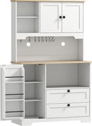 HOMCOM Bufet de Bucătărie Înalt 162 cm, Mobilier de Depozitare cu 2 Dulapuri, 2 Sertare, Suport Condimente, Orificii pentru Cabluri, Rafturi Reglabile, Blat pentru Cuptor cu Microunde, Suporturi pentru Cești, Alb | Aosom Romania