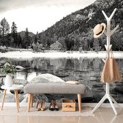 Fototapet lac înconjurat de natură în alb-negru