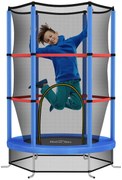 HOMCOM Saltea Elastică pentru Copii 3-6 Ani cu Plasă de Protecție, 6 Stâlpi și 3 Intrări, Ø140x190 cm, Albastru | Aosom Romania