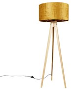 Lampă de podea din lemn cu abajur din stofă auriu 50 cm - Tripod Classic