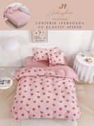 Set Lenjerie De Pat 1 Persoana, 4 piese, cu ELASTIC - Roz Cu Inimioare