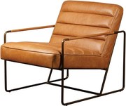 Fotoliu din piele naturală full grain cognac, cu spătar cusut în canale, brațe drepte și cadru din metal, 66×83×71 cm, „Makine”