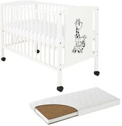 Patut din lemn masiv 120x60 cm Bria alb cu roti si saltea cocos LUX 120x60x12 cm, reglabil pe 3 nivele, certificat EN71