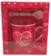 Set cană, 280ml,  și lingurță cu inimi și mesaj I LOVE YOU