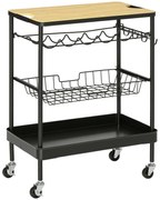 HOMCOM Masă de bucătărie cu roți și suport multifuncțional cu suport pentru sticle, coș detașabil, tavă și 4 cârlige pentru bucătărie, living 60,5x35,5x75 cm Negru și stejar | Aosom Romania